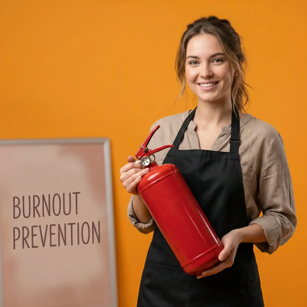 Friseurin mit Feuerlöscher in den Händen