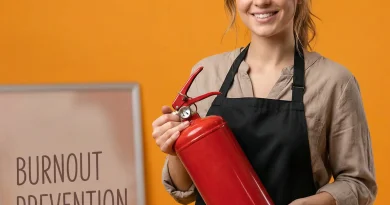 Friseurin mit Feuerlöscher in den Händen