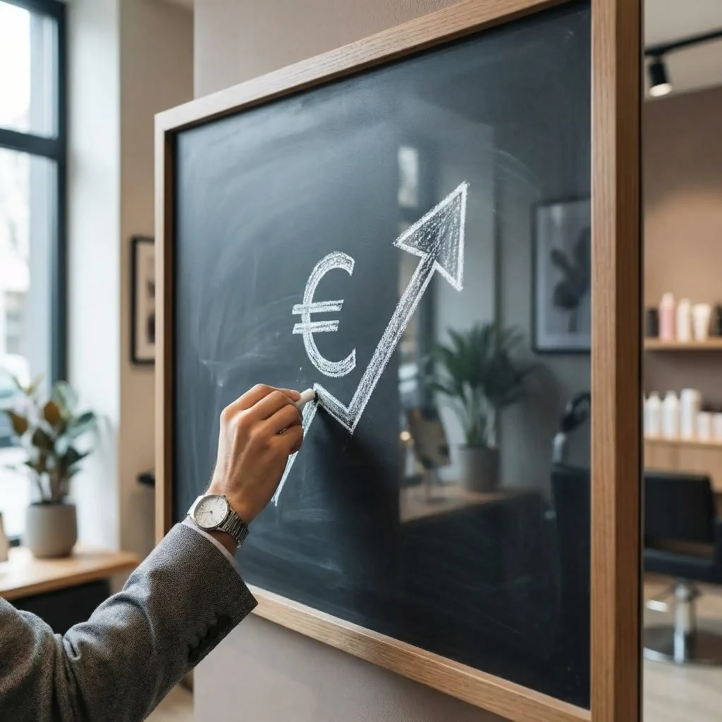 Hand die einen Pfeil nach oben neben einem Euro Zeichen mit Kreide zeichnet