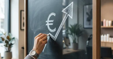 Hand die einen Pfeil nach oben neben einem Euro Zeichen mit Kreide zeichnet