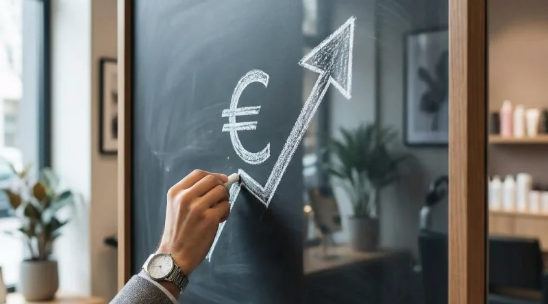 Hand die einen Pfeil nach oben neben einem Euro Zeichen mit Kreide zeichnet