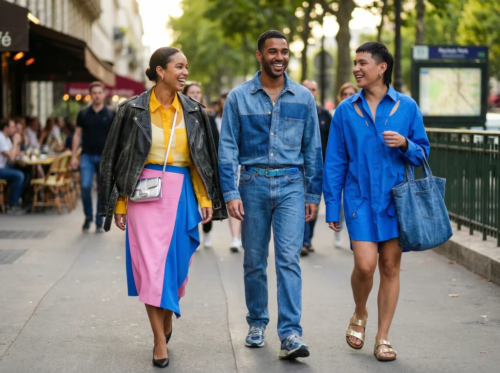 Drei junge, modern gekleidete Menschen bei einem Spaziergang durch eine Stadt