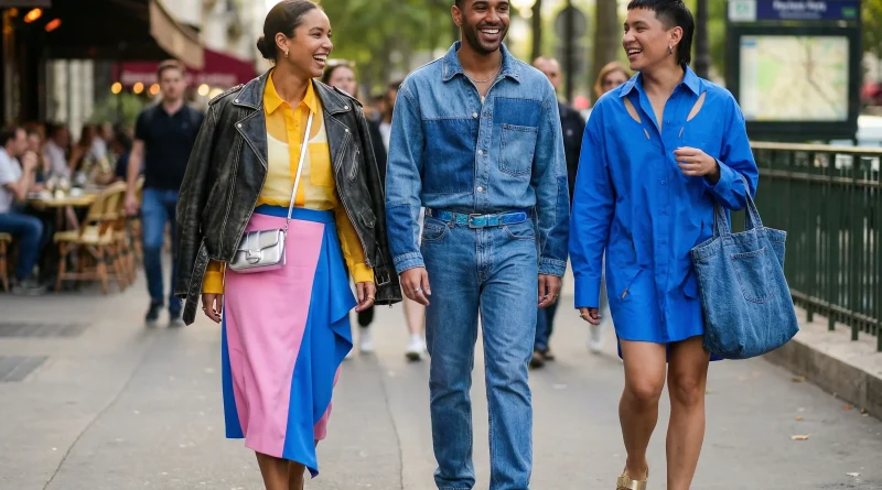 Drei junge, modern gekleidete Menschen bei einem Spaziergang durch eine Stadt