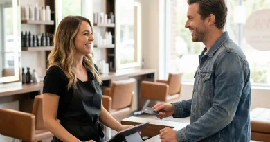 Kunde und Friseurin beim Bezahlvorgang am Tresen