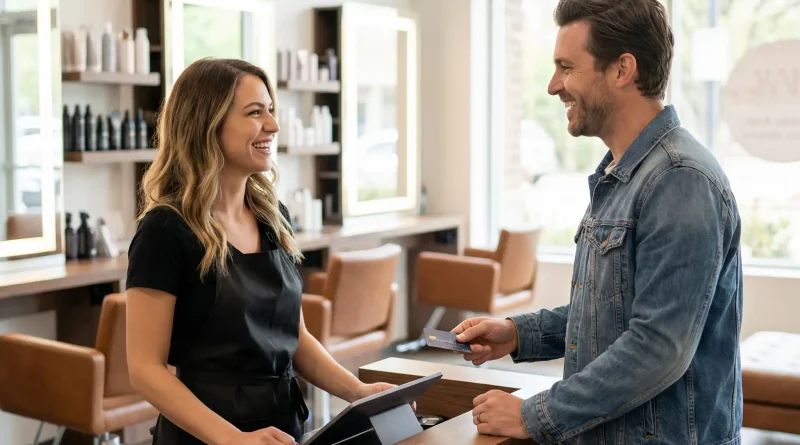 Kunde und Friseurin beim Bezahlvorgang am Tresen