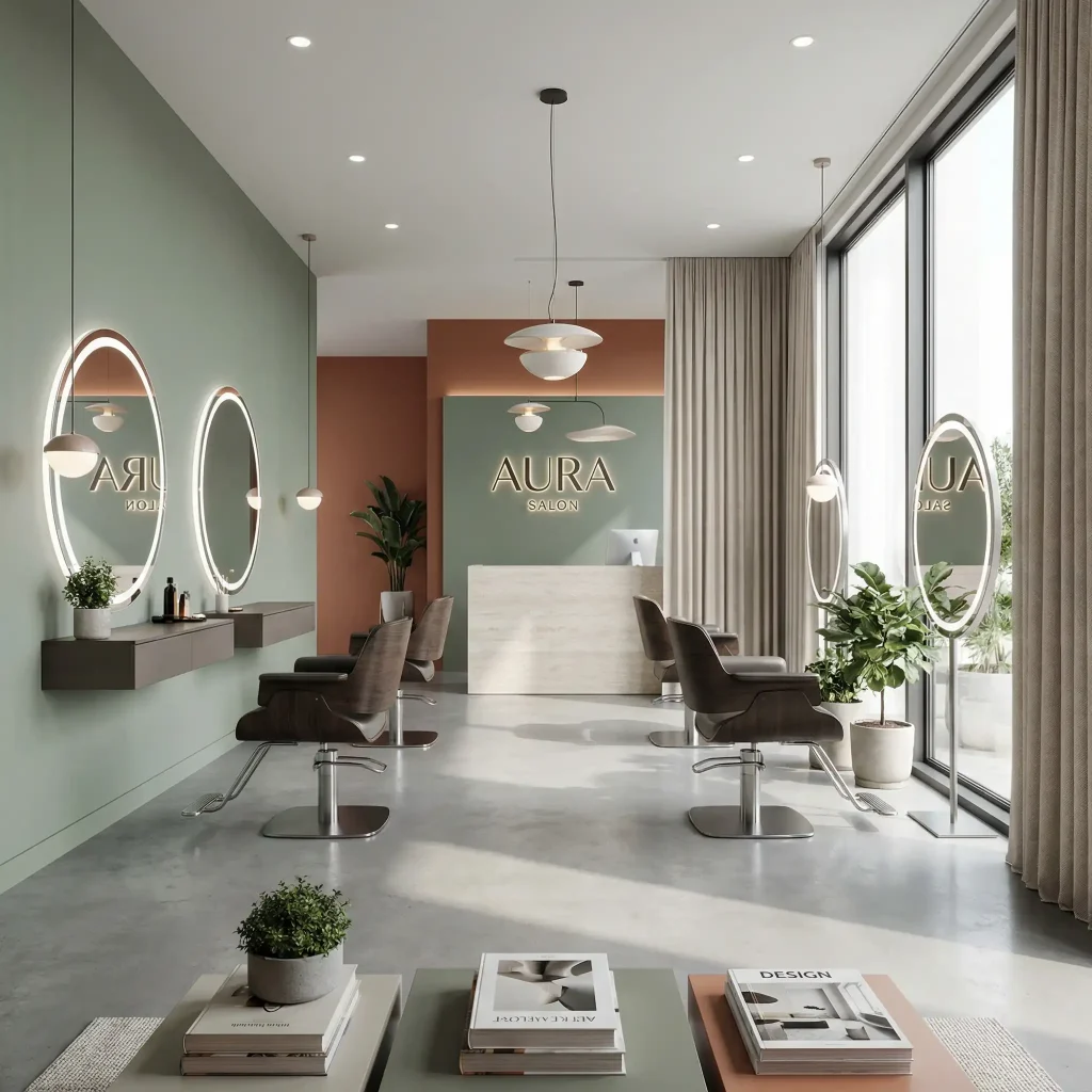 Modern eingerichteter leerer Friseursalon mit großen Fenstern