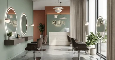 Modern eingerichteter leerer Friseursalon mit großen Fenstern