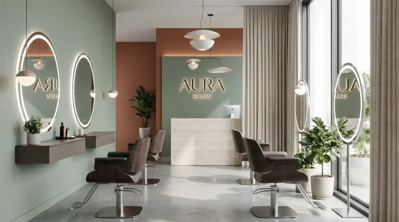 Modern eingerichteter leerer Friseursalon mit großen Fenstern