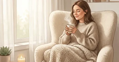 Illustration einer in einem gemütlichen Sessel sitzenden, zufriedenen Frau mit Tee