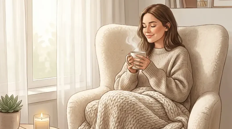 Illustration einer in einem gemütlichen Sessel sitzenden, zufriedenen Frau mit Tee