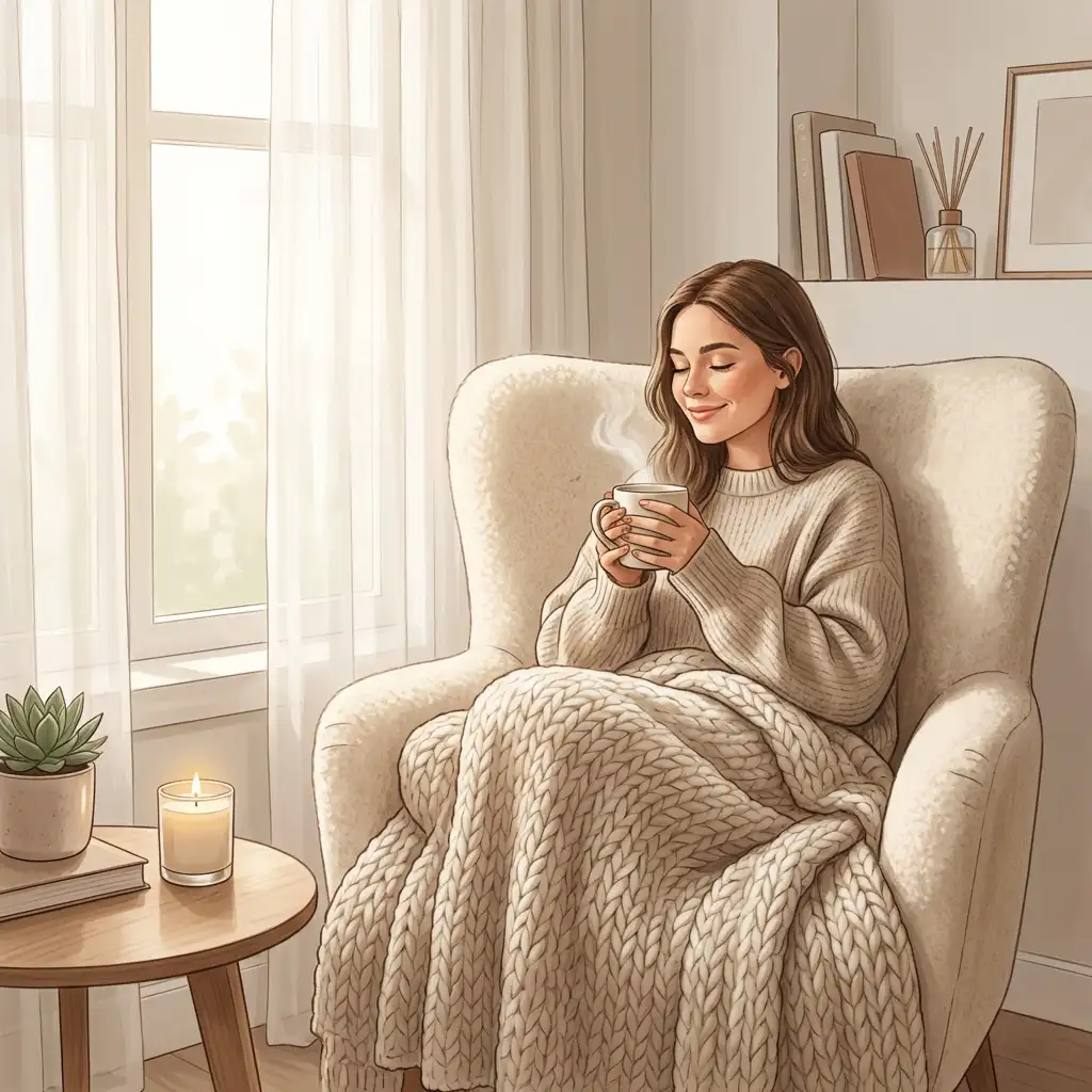 Illustration einer in einem gemütlichen Sessel sitzenden, zufriedenen Frau mit Tee