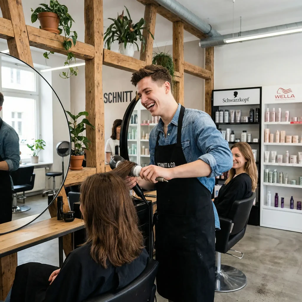 Junger Friseur Azubi beim Föhnen von Haaren