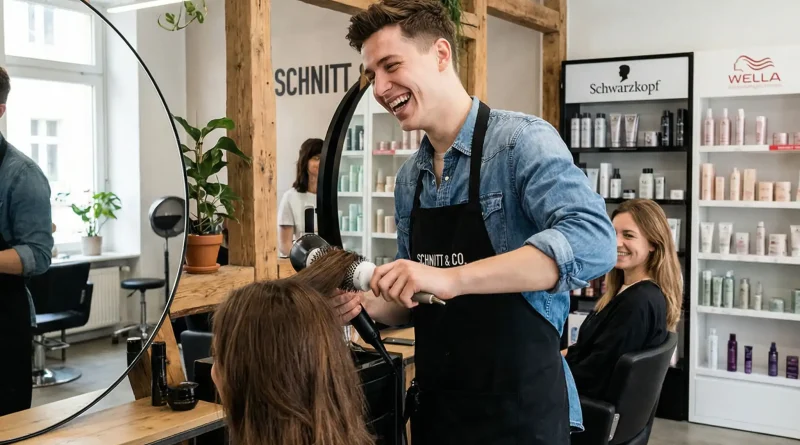 Junger Friseur Azubi beim Föhnen von Haaren