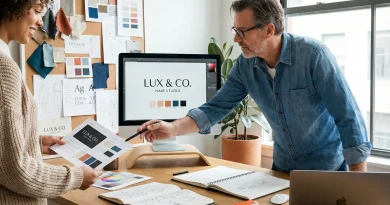 Erfahrener Grafikdesigner bei der Präsentation von Entwürfen bezüglich der Corporate Identity eines Friseursalons