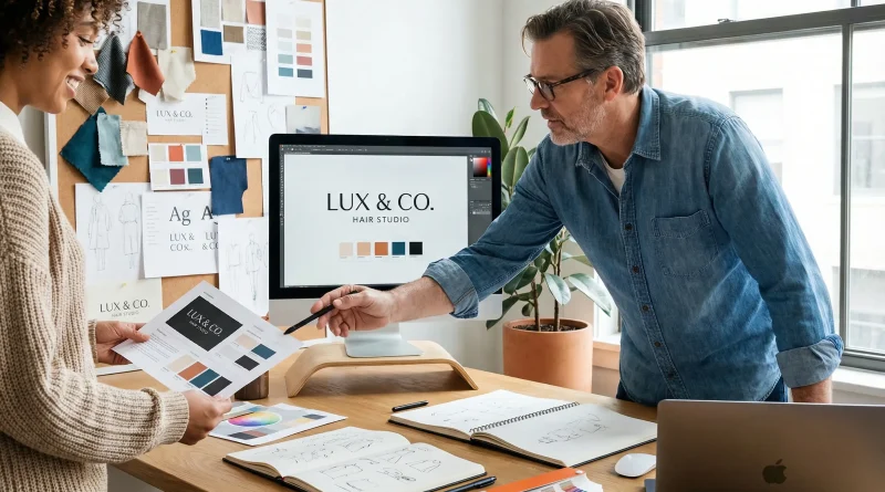 Erfahrener Grafikdesigner bei der Präsentation von Entwürfen bezüglich der Corporate Identity eines Friseursalons