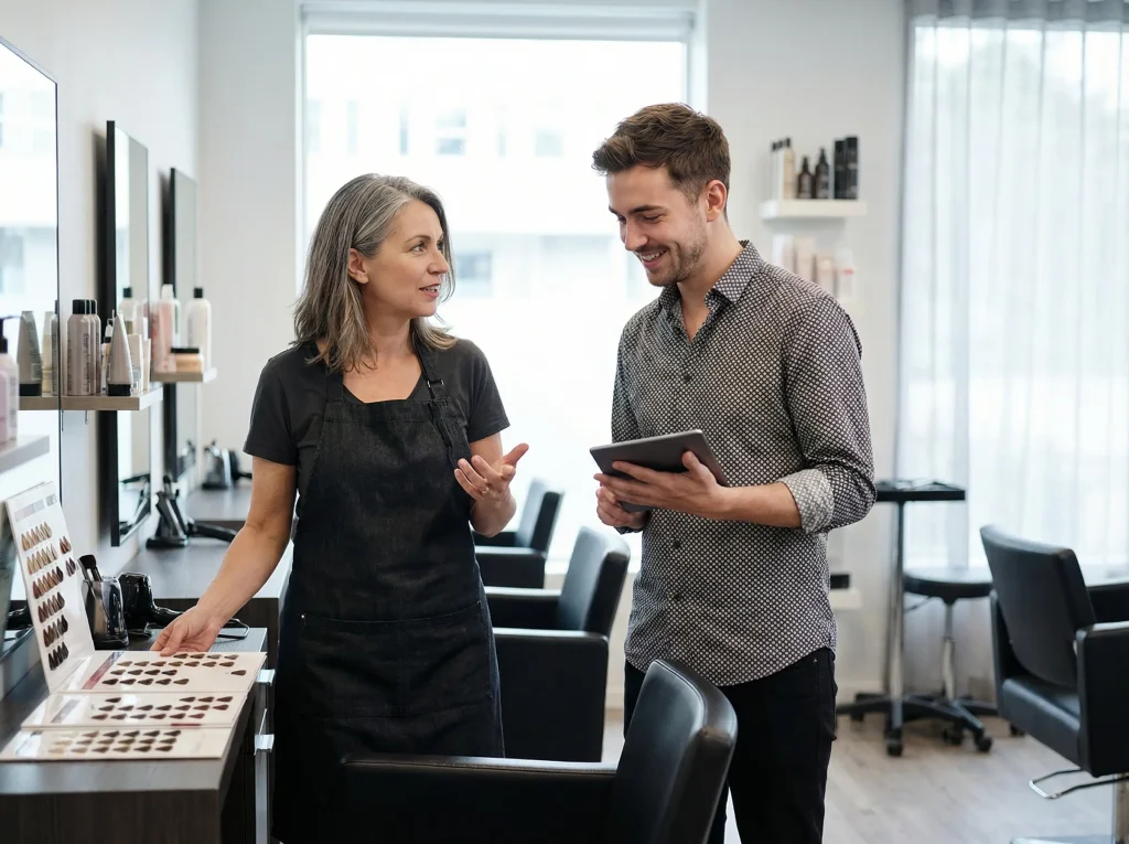 Zwei Friseure im Gespräch über Produkte