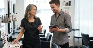 Zwei Friseure im Gespräch über Produkte
