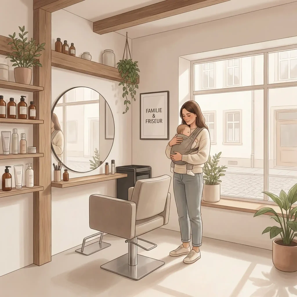 Illustration einer Friseurin mit Baby im Salon