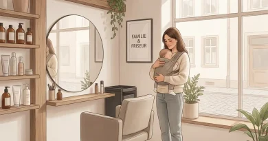 Illustration einer Friseurin mit Baby im Salon