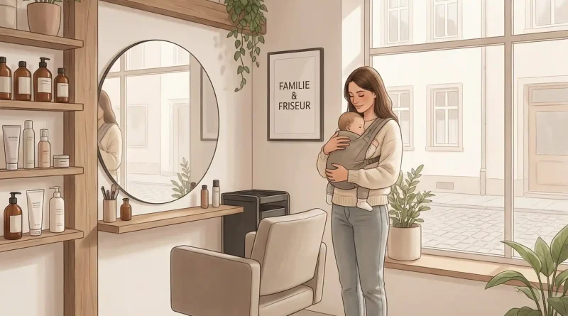 Illustration einer Friseurin mit Baby im Salon