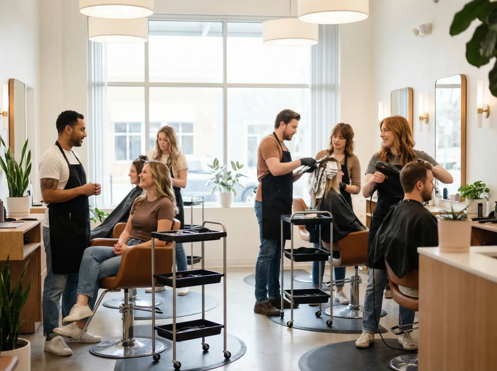 Gute gelaunte Friseure bei der Arbeit mit Kunden im Salon