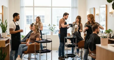 Gute gelaunte Friseure bei der Arbeit mit Kunden im Salon