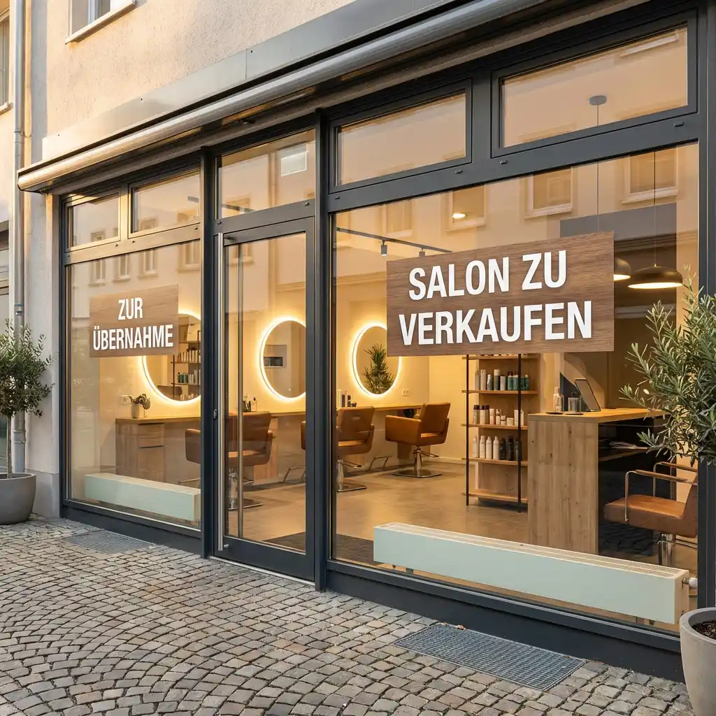 Friseursalon mit "Zu Verkaufen"-Schildern im Schaufenster