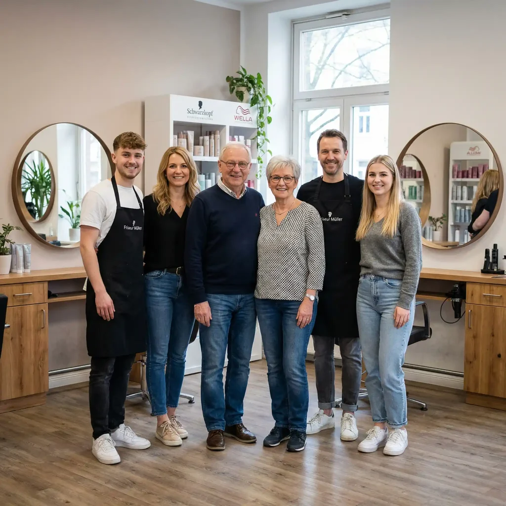 Lächelndes Teamfoto von Friseuren allen Alters