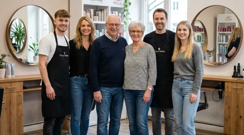 Lächelndes Teamfoto von Friseuren allen Alters