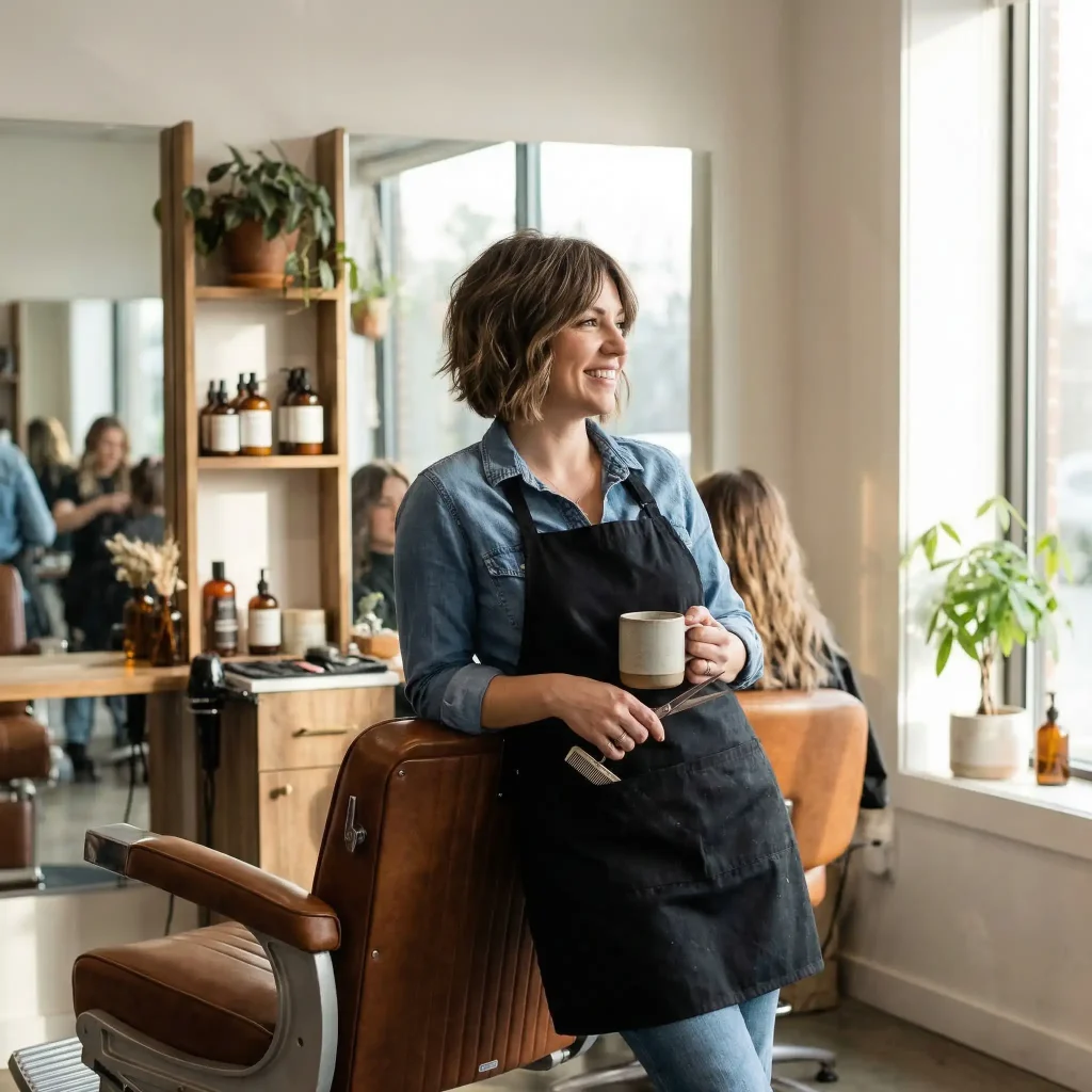 Entspannt an einen Stuhl lehnende Friseurin mit Kaffee in der Hand