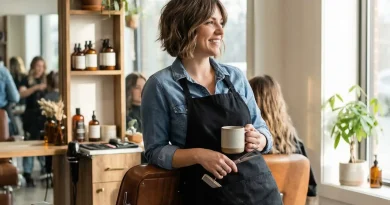 Entspannt an einen Stuhl lehnende Friseurin mit Kaffee in der Hand
