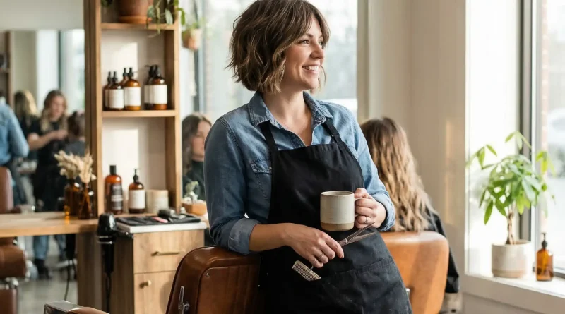 Entspannt an einen Stuhl lehnende Friseurin mit Kaffee in der Hand