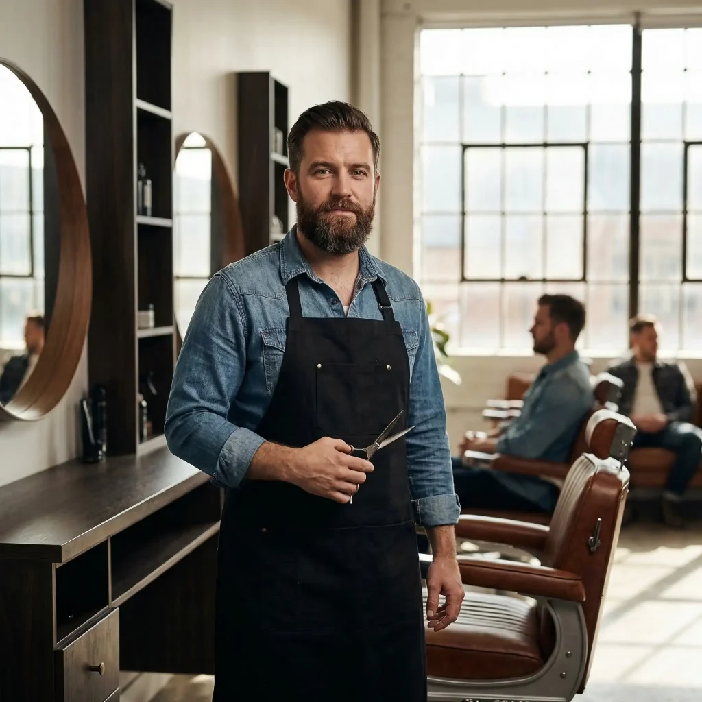 Friseur mit Haarschneideschere in der Hand im Salon