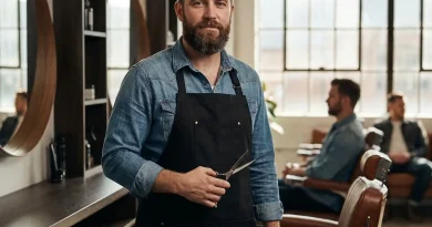Friseur mit Haarschneideschere in der Hand im Salon