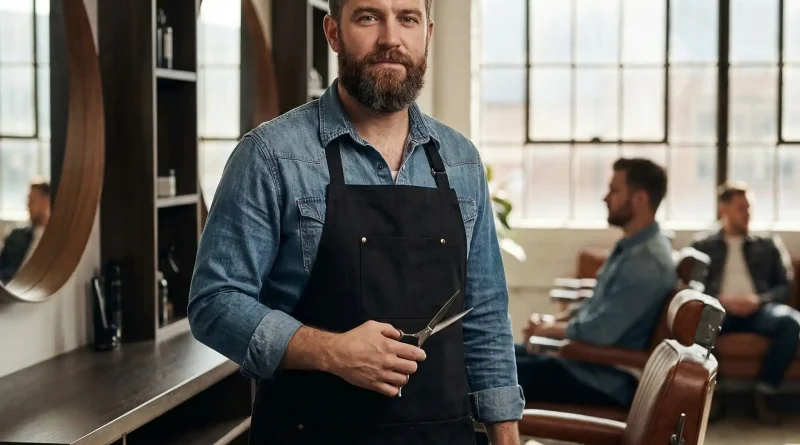 Friseur mit Haarschneideschere in der Hand im Salon