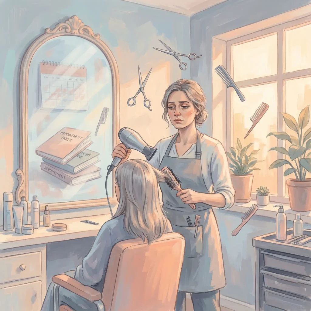 Illustration einer erschöpften Friseurin bei der Arbeit