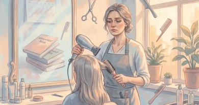 Illustration einer erschöpften Friseurin bei der Arbeit