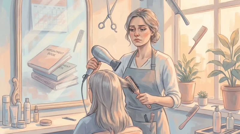 Illustration einer erschöpften Friseurin bei der Arbeit