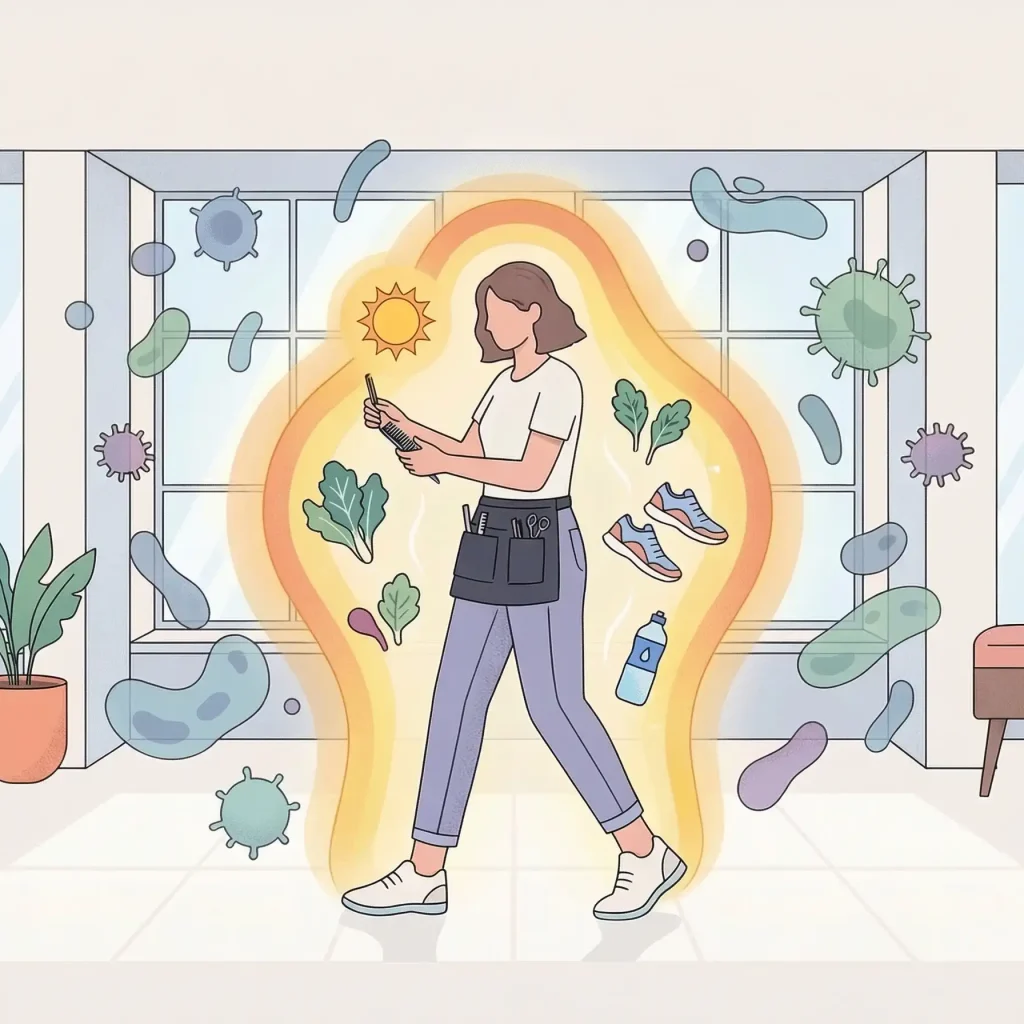 Illustration einer Friseurin mit einer vor Krankheit schützender Aura