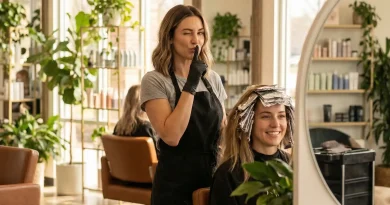 Friseurin, die einen Finger verschmitzt auf ihre geschlossenen Lippen legt als Zeichen der Stille