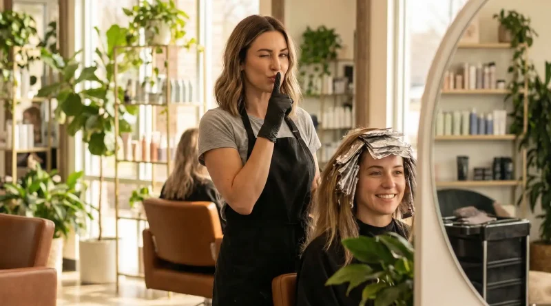 Friseurin, die einen Finger verschmitzt auf ihre geschlossenen Lippen legt als Zeichen der Stille