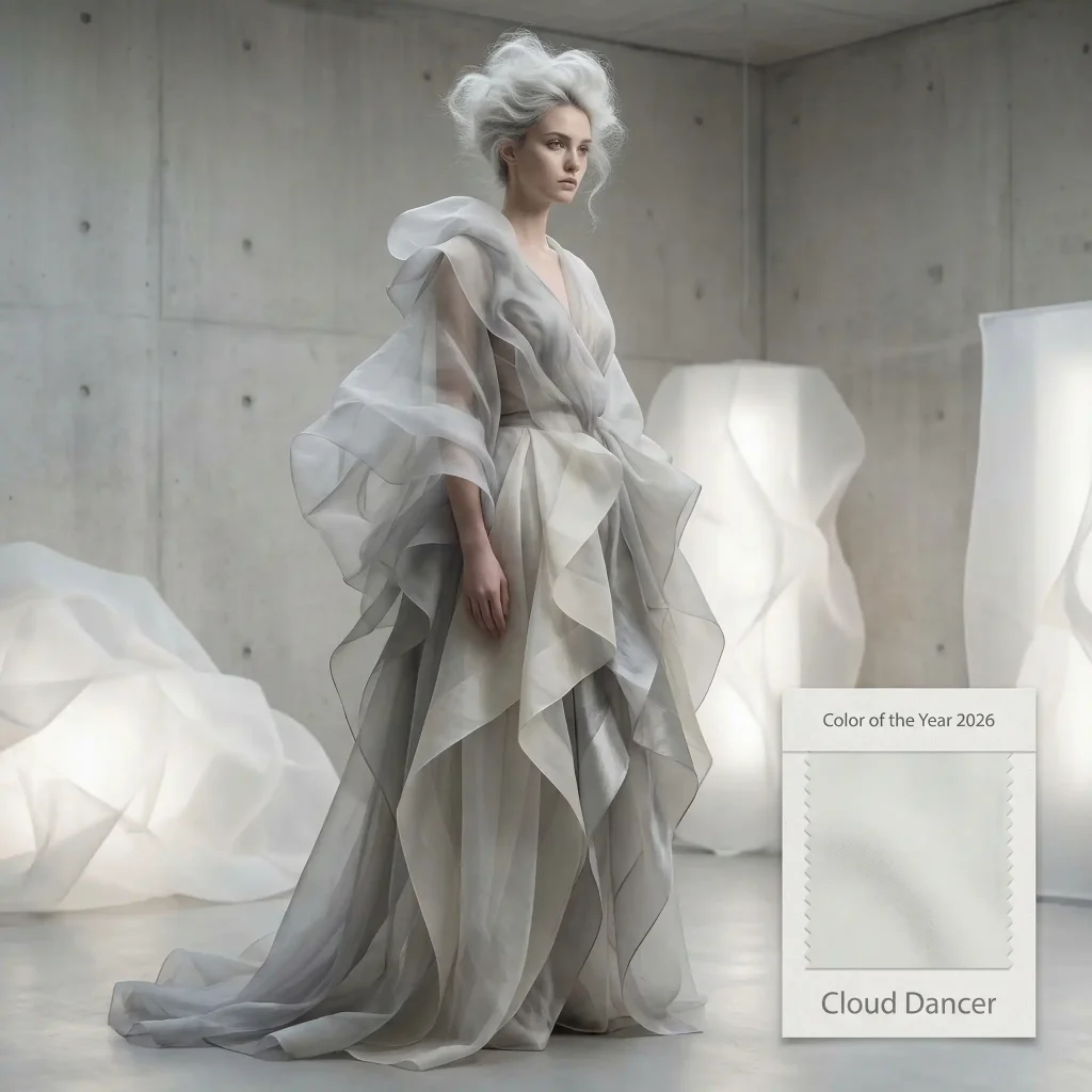 Model mit einem langen, an Wolken erinnerndem Kleid samt passendem Haar