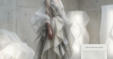 Model mit einem langen, an Wolken erinnerndem Kleid samt passendem Haar