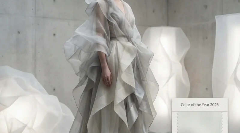 Model mit einem langen, an Wolken erinnerndem Kleid samt passendem Haar