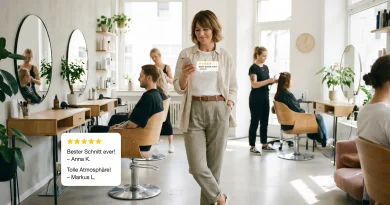 Lächelnde Friseursaloninhaberin steht entspannt im Salon und liest eine positive Nutzerbewertung auf ihrem Smartphone.