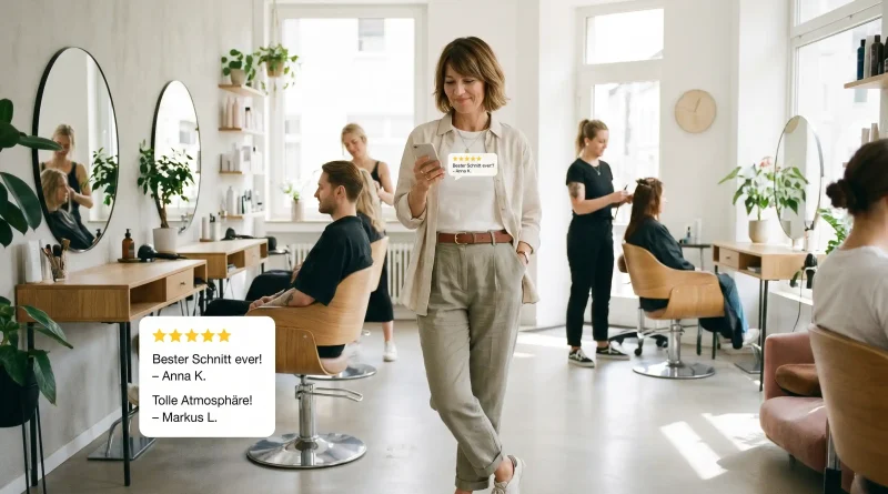 Lächelnde Friseursaloninhaberin steht entspannt im Salon und liest eine positive Nutzerbewertung auf ihrem Smartphone.