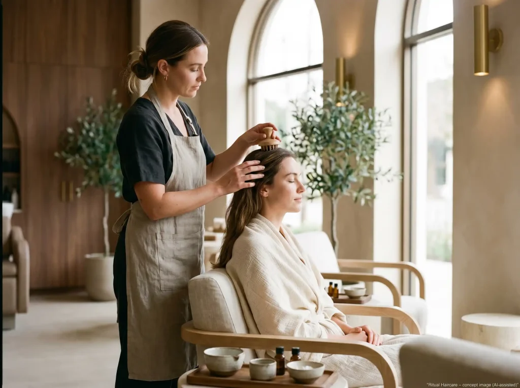 Junge Frau erhält eine entspannende Kopfmassage von ihrer Friseurin im Salon