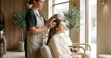 Junge Frau erhält eine entspannende Kopfmassage von ihrer Friseurin im Salon