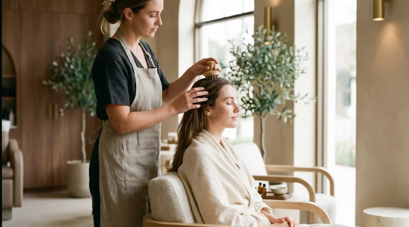 Junge Frau erhält eine entspannende Kopfmassage von ihrer Friseurin im Salon